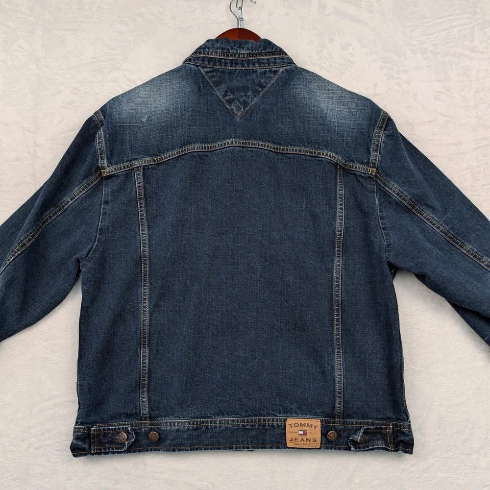 VTG Tommy Jeans Jacket Men's Large Blue Dark Wash Denim Trucker‎ Streetwear 90s